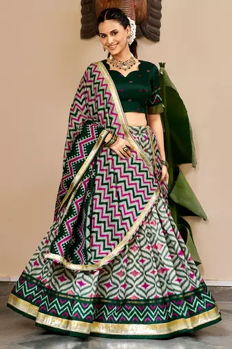 Women Ikat Printed Tasar Silk Lehenga Choli Set with Foil Print Detailing