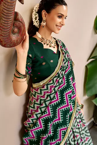 Women Ikat Printed Tasar Silk Lehenga Choli Set with Foil Print Detailing