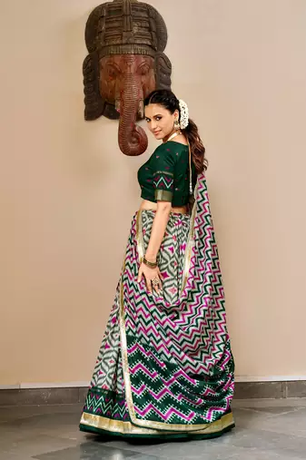 Women Ikat Printed Tasar Silk Lehenga Choli Set with Foil Print Detailing