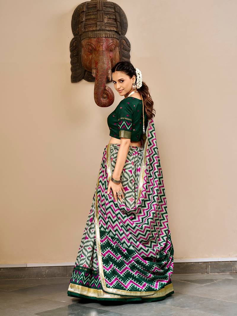 Women Ikat Printed Tasar Silk Lehenga Choli Set with Foil Print Detailing