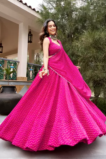 women's printed georgette bandhej printed lehenga choli with dupatta for navratri - free size