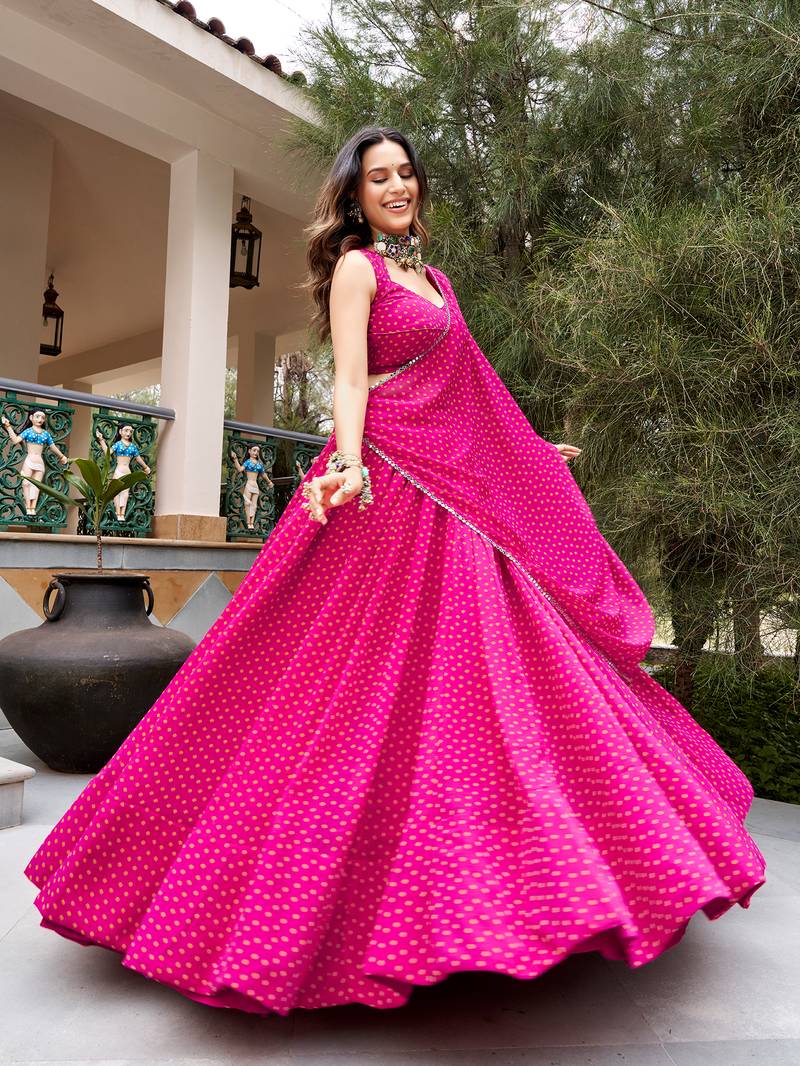 women's printed georgette bandhej printed lehenga choli with dupatta for navratri - free size