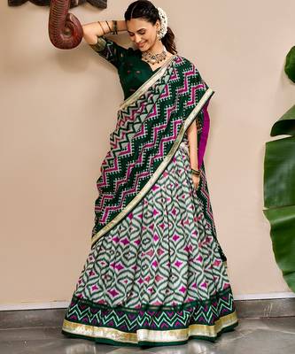 Women Ikat Printed Tasar Silk Lehenga Choli Set with Foil Print Detailing 4