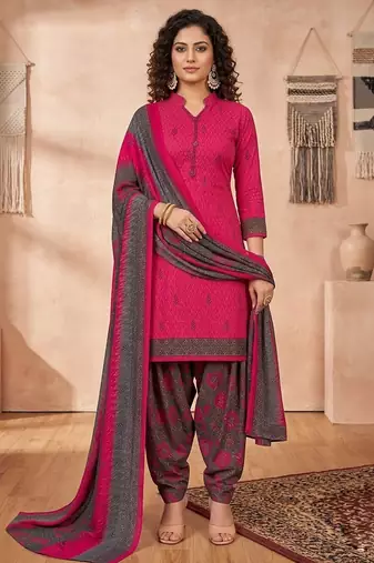 Pink printed cotton blend stitched floral print salwar kurta dupatta for women