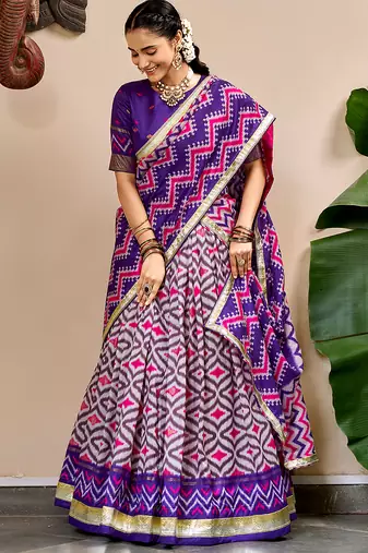 Women Ikat Printed Tasar Silk Lehenga Choli Set with Foil Print Detailing