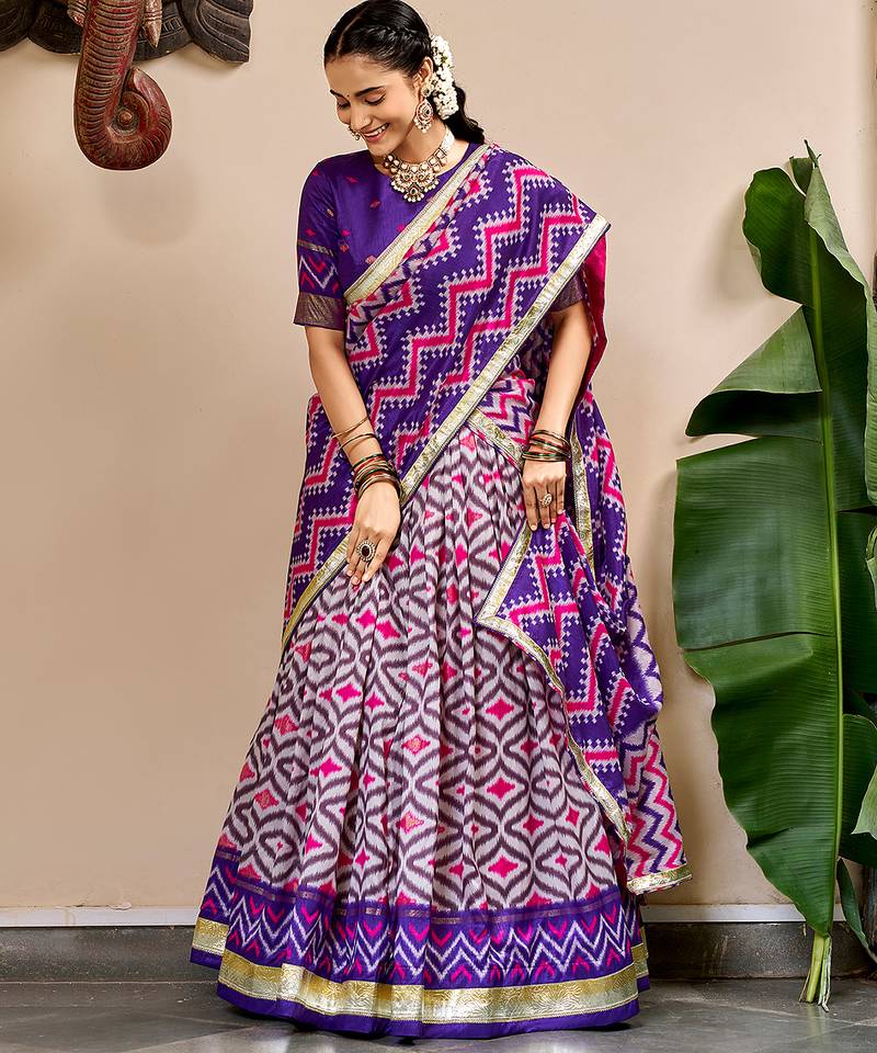 Women Ikat Printed Tasar Silk Lehenga Choli Set with Foil Print Detailing