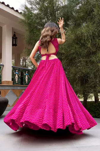 women's printed georgette bandhej printed lehenga choli with dupatta for navratri - free size