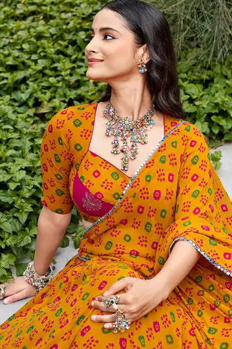 women's printed georgette bandhej printed lehenga choli with dupatta for navratri - free size