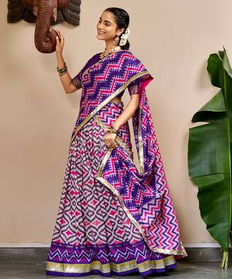 Women Ikat Printed Tasar Silk Lehenga Choli Set with Foil Print Detailing 2