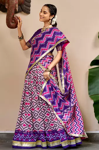 Women Ikat Printed Tasar Silk Lehenga Choli Set with Foil Print Detailing