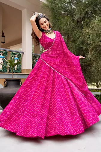 women's printed georgette bandhej printed lehenga choli with dupatta for navratri - free size