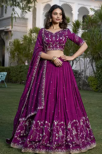 Women's Wine Vichitra Silk Sequins & Thread Embroidery Stitched Lehenga Choli with Dupatta