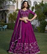 Women's Wine Vichitra Silk Sequins & Thread Embroidery Stitched Lehenga Choli with Dupatta