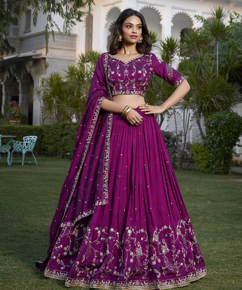 Women's Wine Vichitra Silk Sequins & Thread Embroidery Stitched Lehenga Choli with Dupatta