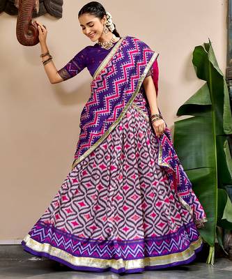 Women Ikat Printed Tasar Silk Lehenga Choli Set with Foil Print Detailing 3