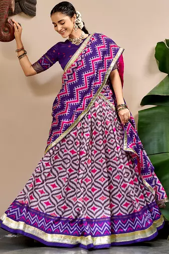 Women Ikat Printed Tasar Silk Lehenga Choli Set with Foil Print Detailing