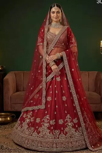 Red silk blend embroidered lehenga choli