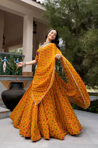 women's printed georgette bandhej printed lehenga choli with dupatta for navratri - free size