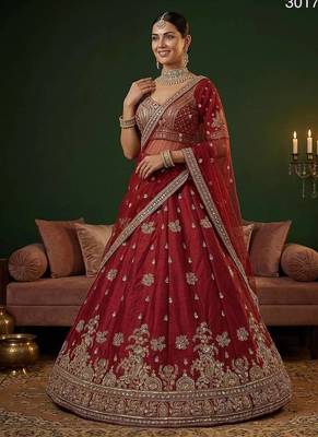 Red silk blend embroidered lehenga choli 2