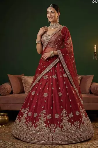 Red silk blend embroidered lehenga choli