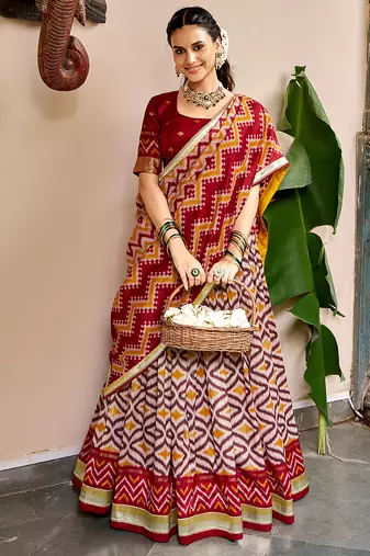 Women Ikat Printed Tasar Silk Lehenga Choli Set with Foil Print Detailing
