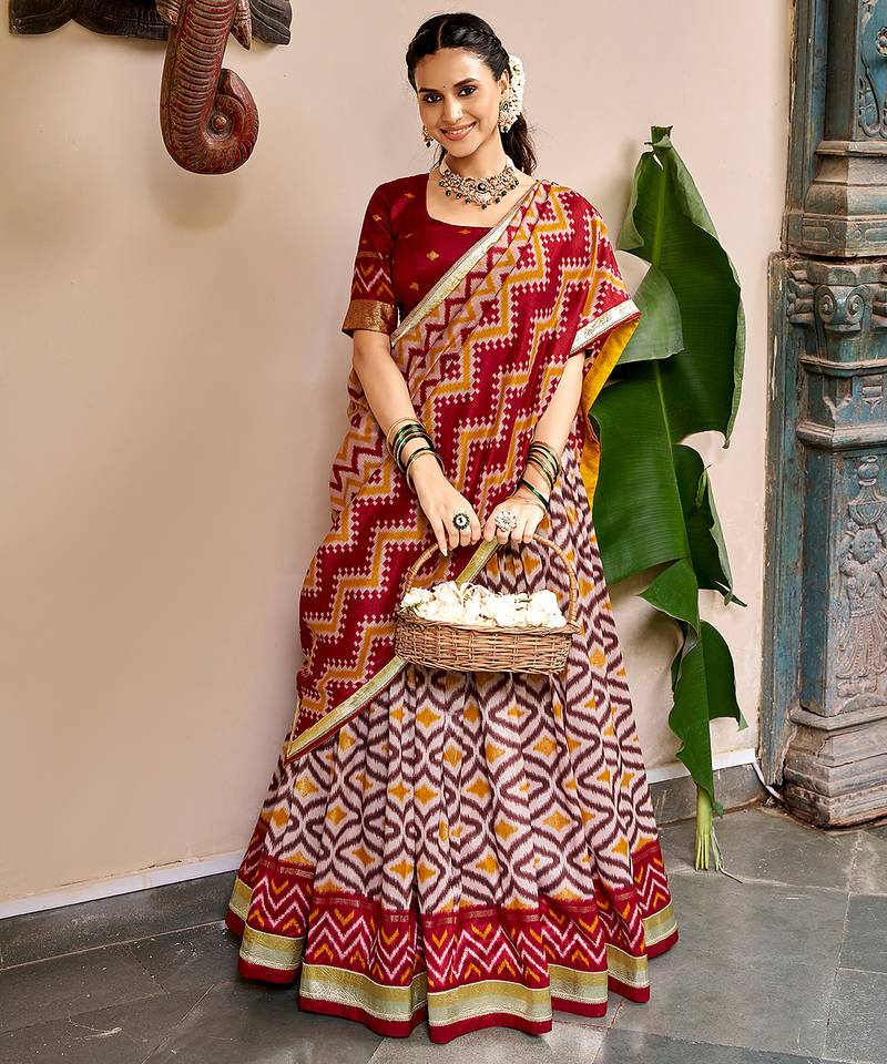 Women Ikat Printed Tasar Silk Lehenga Choli Set with Foil Print Detailing