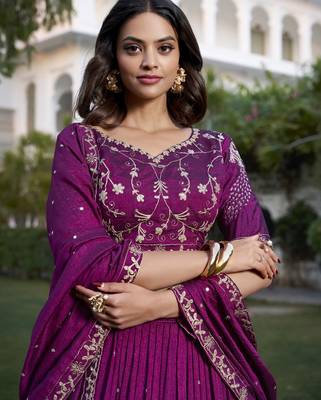 Women's Wine Vichitra Silk Sequins & Thread Embroidery Stitched Lehenga Choli with Dupatta 2