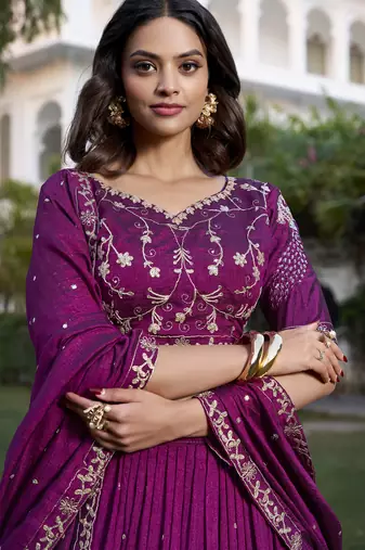 Women's Wine Vichitra Silk Sequins & Thread Embroidery Stitched Lehenga Choli with Dupatta