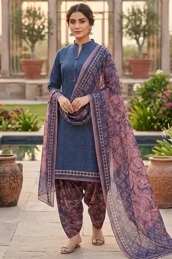 Blue printed cotton blend stitched floral print salwar kurta dupatta for women