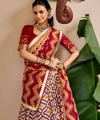 Women Ikat Printed Tasar Silk Lehenga Choli Set with Foil Print Detailing 2