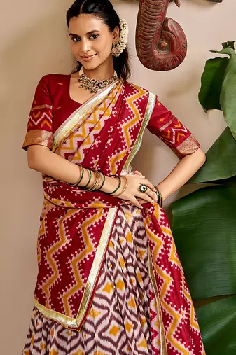 Women Ikat Printed Tasar Silk Lehenga Choli Set with Foil Print Detailing