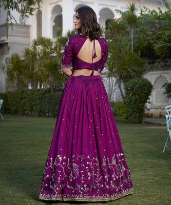 Women's Wine Vichitra Silk Sequins & Thread Embroidery Stitched Lehenga Choli with Dupatta 3