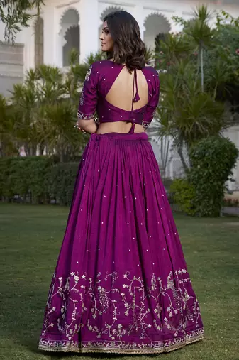 Women's Wine Vichitra Silk Sequins & Thread Embroidery Stitched Lehenga Choli with Dupatta