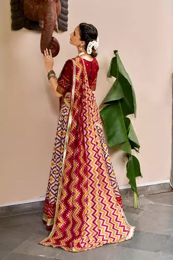 Women Ikat Printed Tasar Silk Lehenga Choli Set with Foil Print Detailing