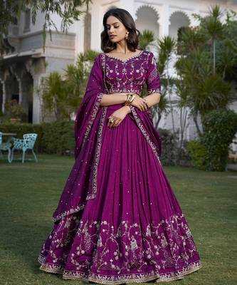 Women's Wine Vichitra Silk Sequins & Thread Embroidery Stitched Lehenga Choli with Dupatta 4