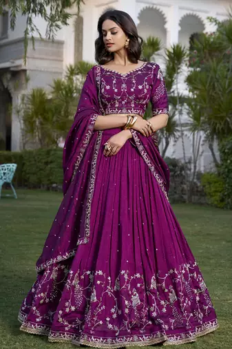 Women's Wine Vichitra Silk Sequins & Thread Embroidery Stitched Lehenga Choli with Dupatta