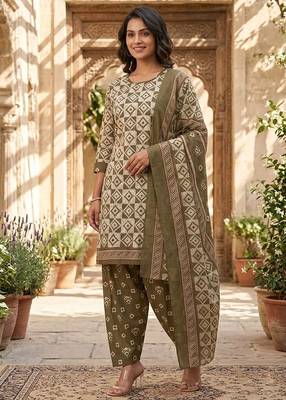 Green printed cotton blend stitched geometric print salwar kurta dupatta for women 4