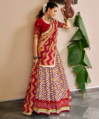 Women Ikat Printed Tasar Silk Lehenga Choli Set with Foil Print Detailing 4