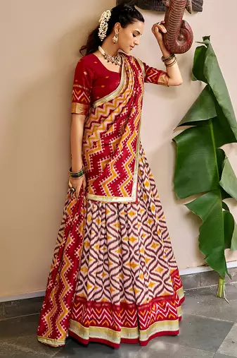 Women Ikat Printed Tasar Silk Lehenga Choli Set with Foil Print Detailing