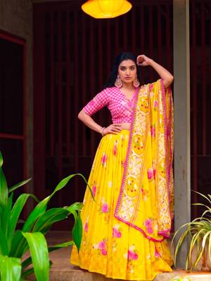 Women Yellow Floral Georgette Lehenga Choli Set with Pink Handwork Blouse Piece 1