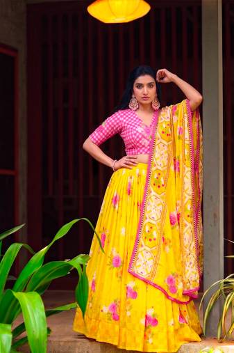 Women Yellow Floral Georgette Lehenga Choli Set with Pink Handwork Blouse Piece