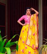 Women Yellow Floral Georgette Lehenga Choli Set with Pink Handwork Blouse Piece