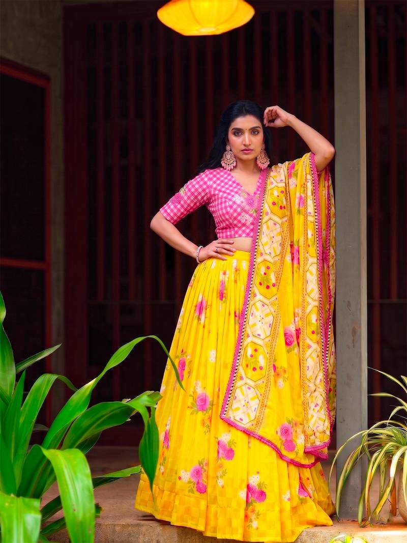 Women Yellow Floral Georgette Lehenga Choli Set with Pink Handwork Blouse Piece