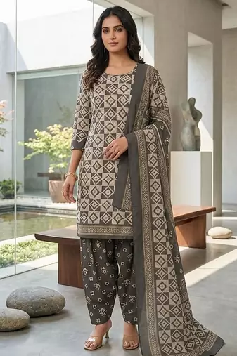 Grey printed cotton blend stitched geometric print salwar kurta dupatta for women