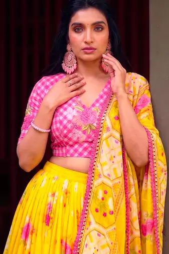 Women Yellow Floral Georgette Lehenga Choli Set with Pink Handwork Blouse Piece