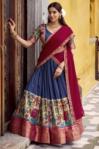 Women's Poly Chanderi Kalamkari Printed Lehenga Choli with Georgette Dupatta