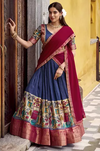 Women's Poly Chanderi Kalamkari Printed Lehenga Choli with Georgette Dupatta