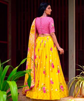 Women Yellow Floral Georgette Lehenga Choli Set with Pink Handwork Blouse Piece 3