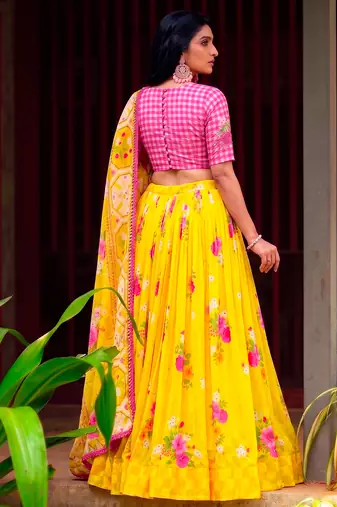 Women Yellow Floral Georgette Lehenga Choli Set with Pink Handwork Blouse Piece