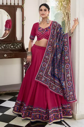 women's tasar silk gamthi printed navratri chaniya choli set with gotta patti work - free size